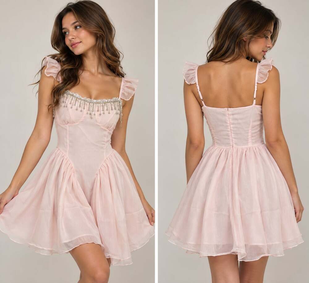 Y2K fairycore Pink Ruffled Bustier Mini Dress with Beaded Lace Trim